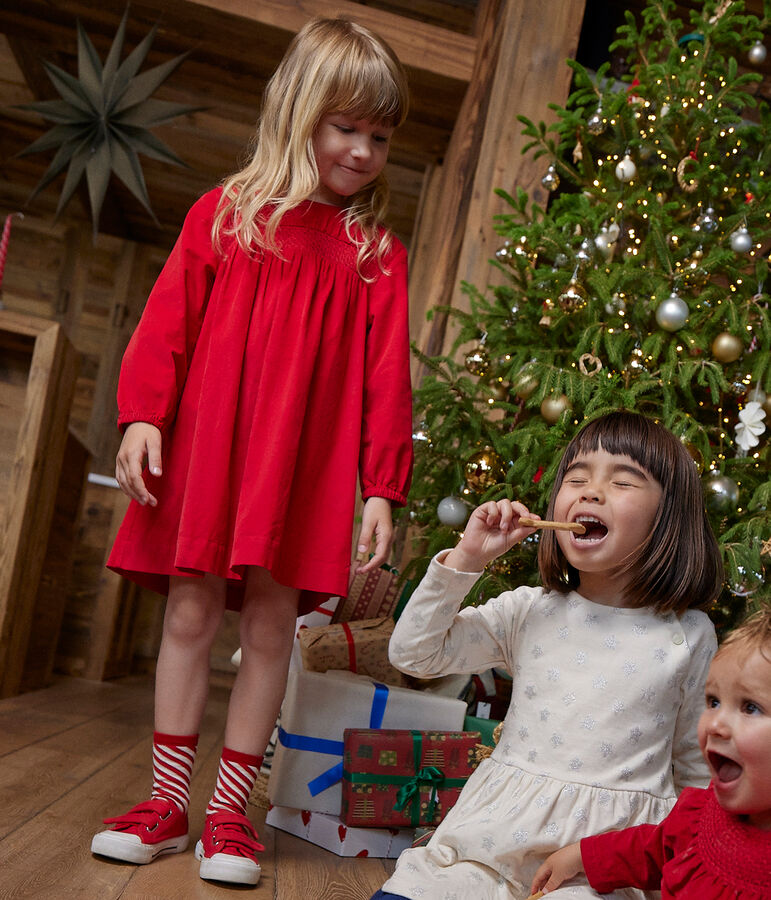 Meisjesjurk met lange mouwen in dun velours rood CORRIDA