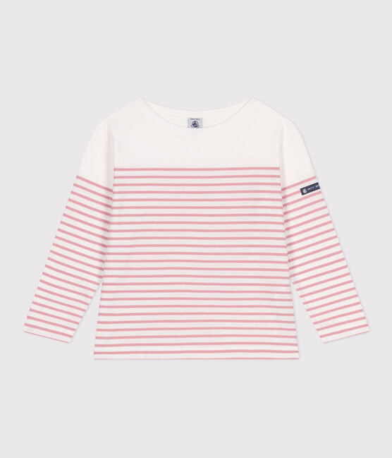 Teeshirt marinière enfant en coton manches longues blanc MARSHMALLOW/rose CHARME