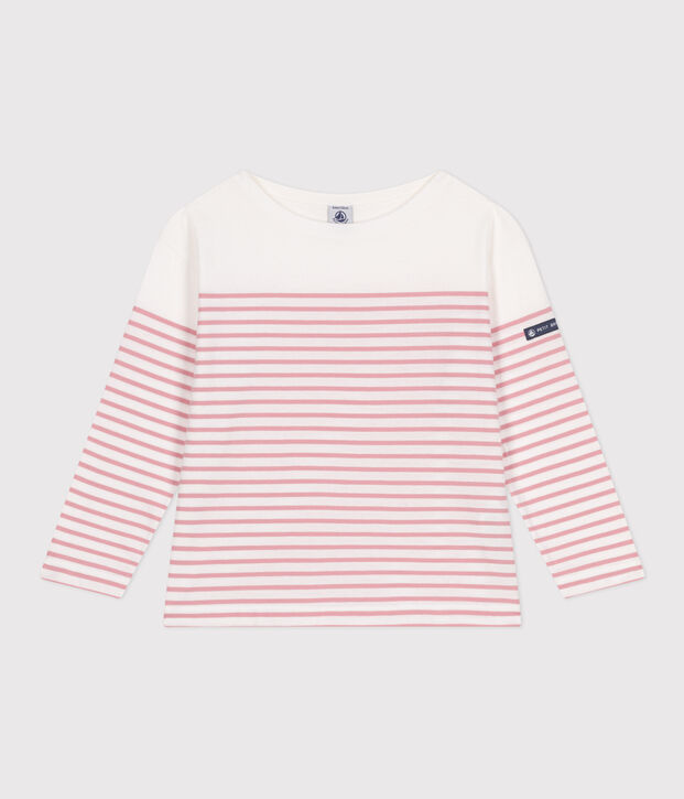 Tee-shirt marini&egrave;re enfant en coton manches longues blanc/rose