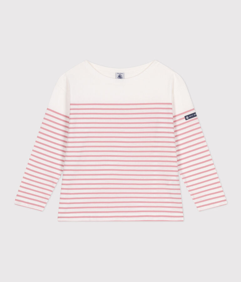 Teeshirt marini&egrave;re enfant en coton manches longues blanc/rose