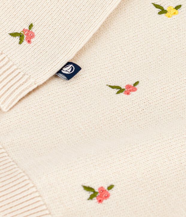 Pull b&eacute;b&eacute; en laine et coton &agrave; fleurs brod&eacute;es &eacute;cru/multicouleur
