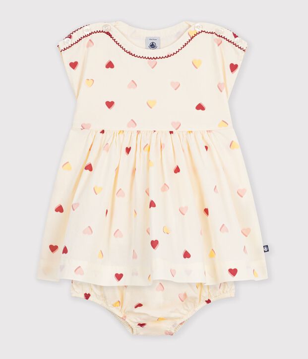 Katoenen babyjurkje met korte mouwen en hartjesprint ecru/multicouleur