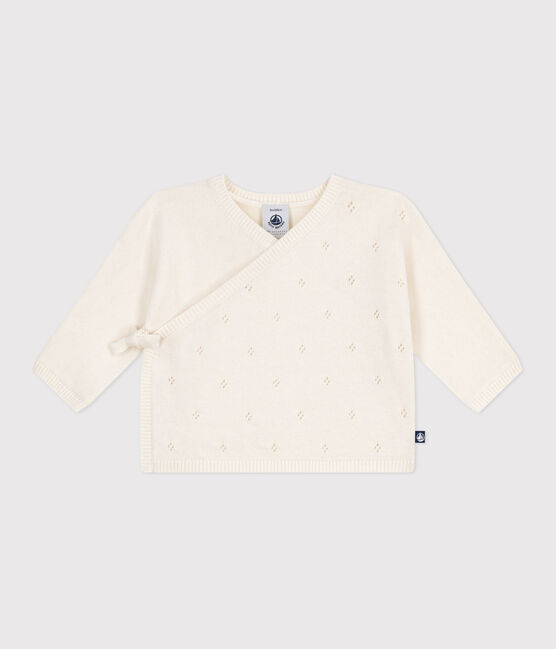 Babyvestje met overslag in ajourtricot van wol en katoen wit MARSHMALLOW