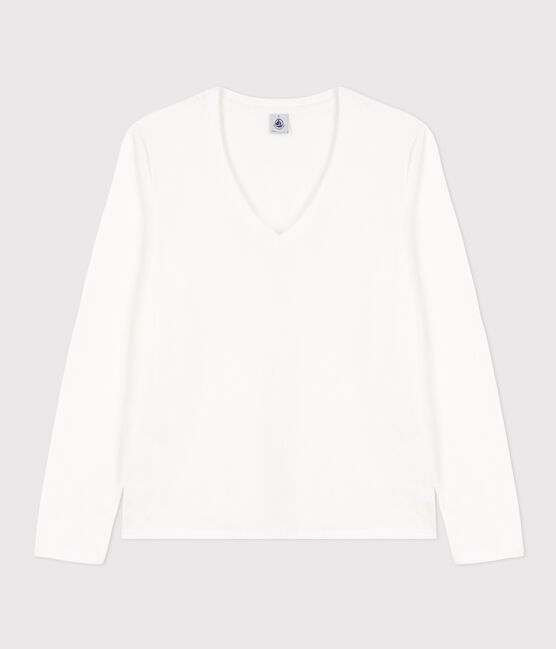 Le Droit, T-shirt met lange mouw en V-hals van dunne jersey voor dames wit ECUME