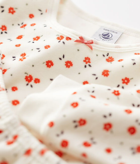 Fluwelen meisjespyjama met bloemenprint wit MARSHMALLOW/wit MULTICO