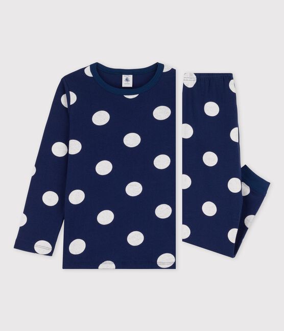Pyjama met stipjes voor kleine jongens/meisjes in biokatoen blauw MEDIEVAL/wit MARSHMALLOW