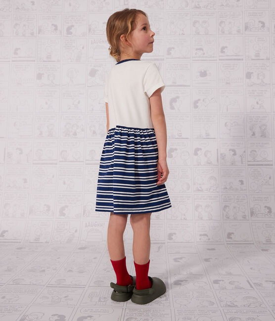 Meisjesjurk met korte mouwen in katoen blauw MEDIEVAL/wit MARSHMALLOW