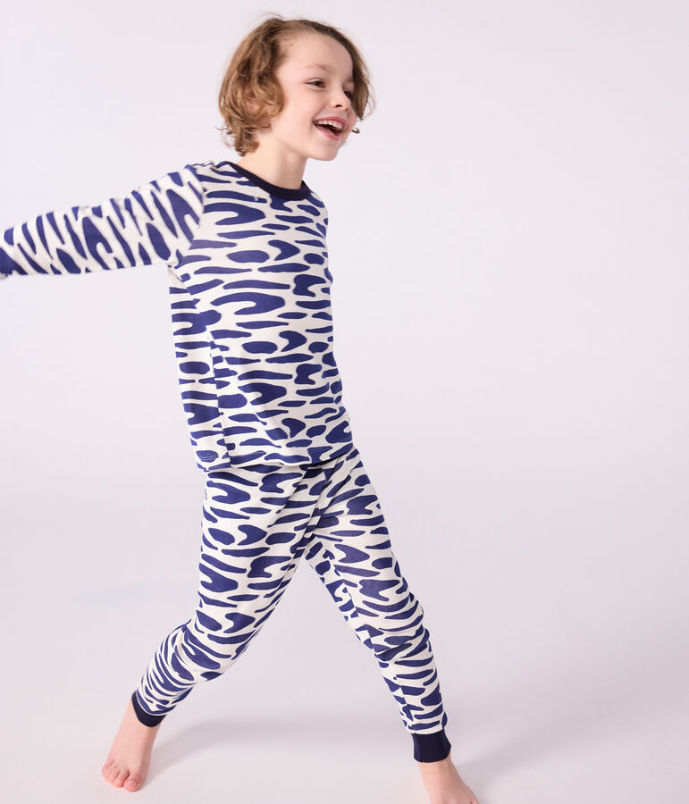 Pyjama d&eacute;guisement enfant en coton imprim&eacute; z&egrave;bre &eacute;cru/bleu