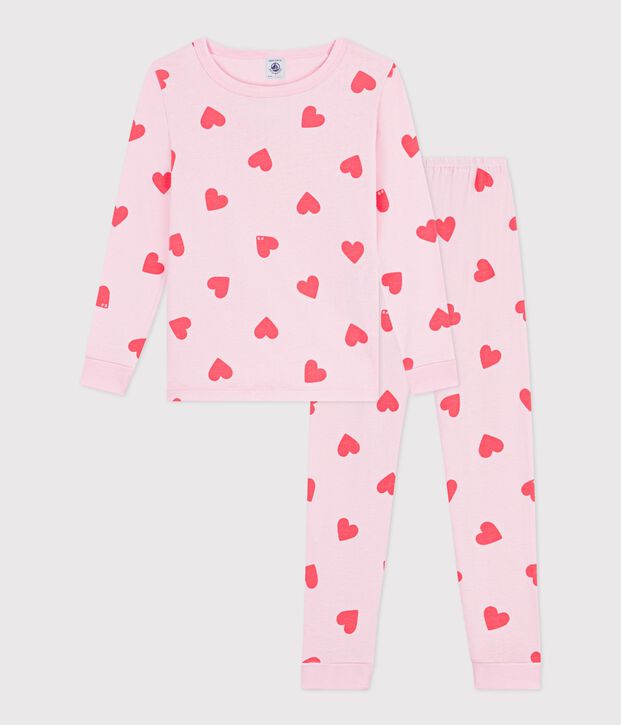 Nauw aansluitende katoenen kinderpyjama met hartjesprint roze/oranje