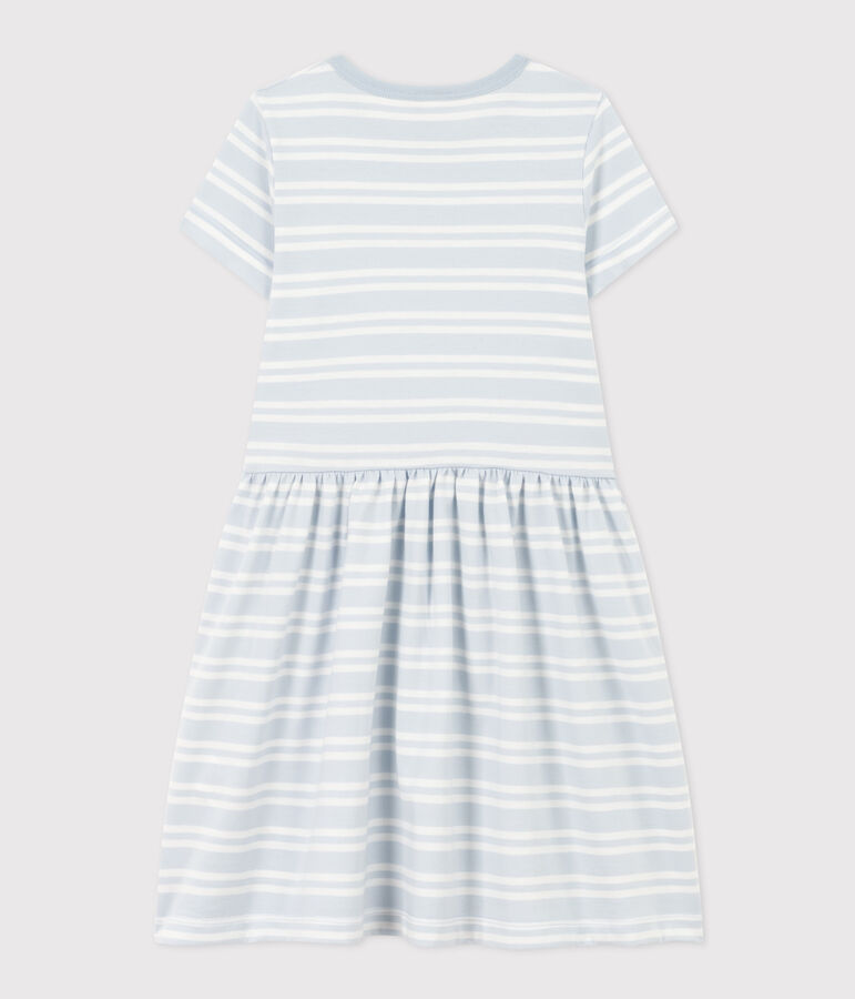 Robe ray&eacute;e manches courtes en coton enfant fille bleu/blanc