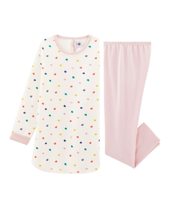 Meisjesnachthemd met lange mouwen van dubbelzijdig jersey met hartjes wit MARSHMALLOW/wit MULTICO