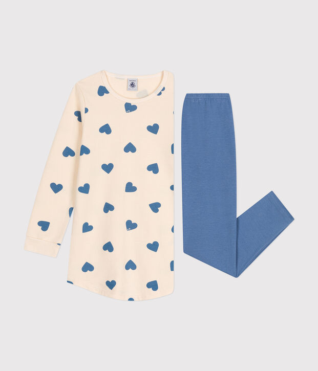 Chemise de nuit en molleton gratt&eacute; imprim&eacute; c&oelig;urs enfant bleu/&eacute;cru