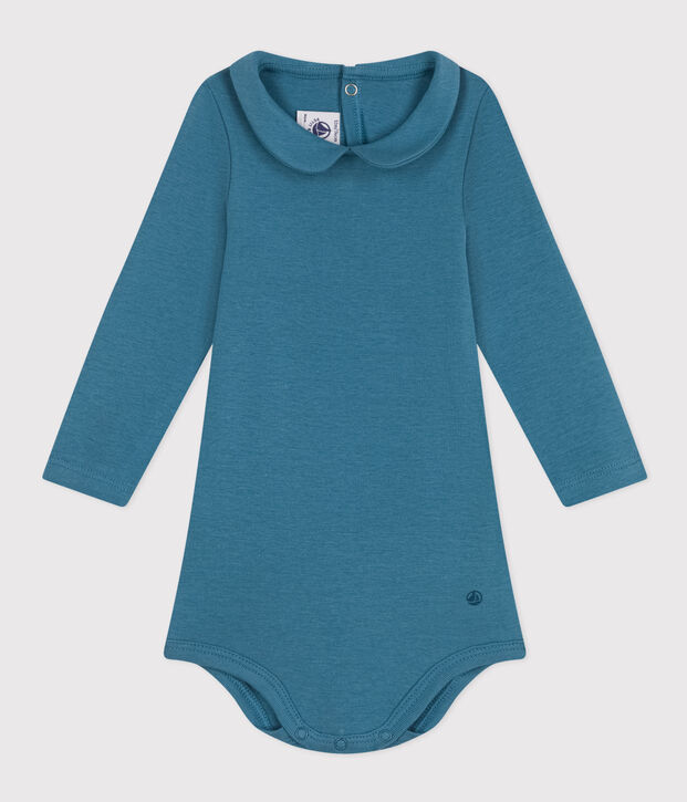 Katoenen body met lange mouwen en claudine-kraag voor baby's blauw