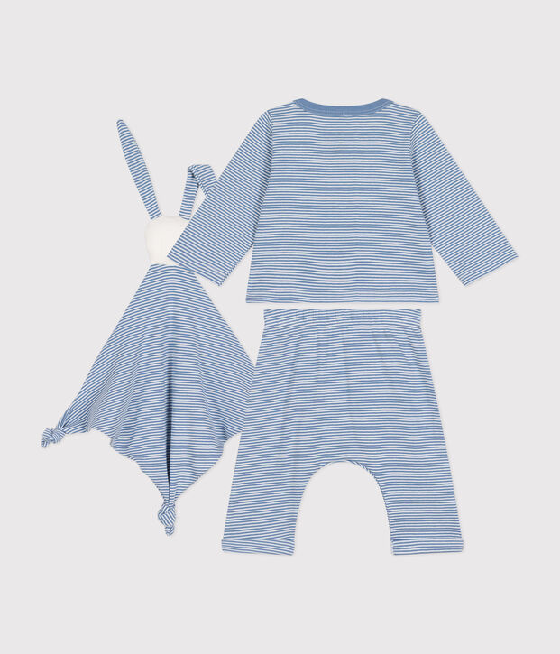 Coffret ensemble 3 pi&egrave;ces en coton b&eacute;b&eacute; bleu/blanc