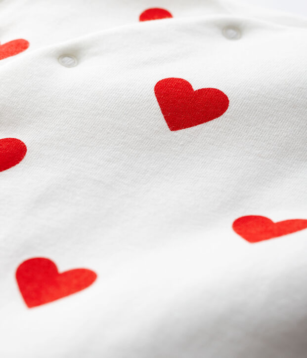 Combinaison longue c&oelig;urs rouges b&eacute;b&eacute; fille en c&ocirc;te blanc/rouge