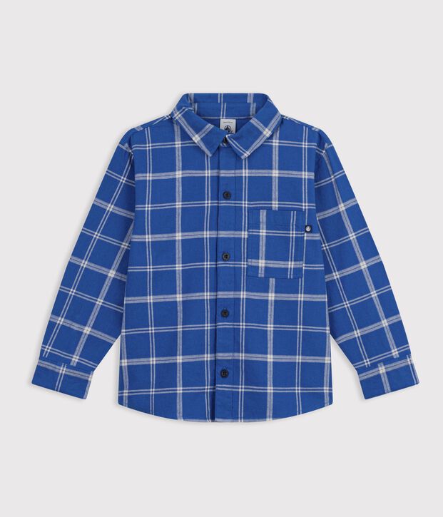 Chemise enfant en coton &agrave; carreaux bleu/&eacute;cru