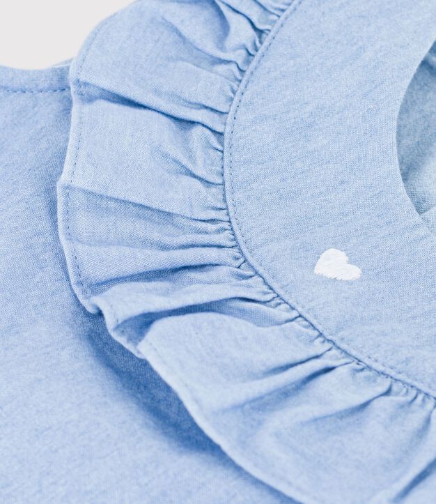 Katoenen babybloesje zonder mouwen in geborduurde chambray blauw
