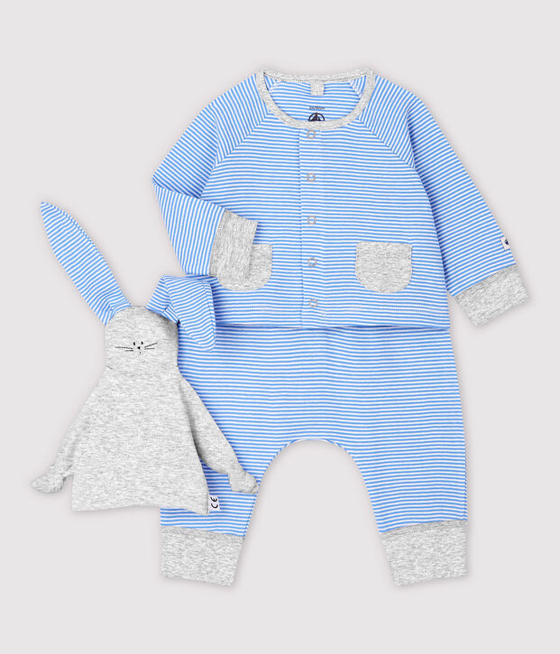 Ensemble 3 pi&egrave;ces bleu b&eacute;b&eacute; en coton biologique bleu/blanc