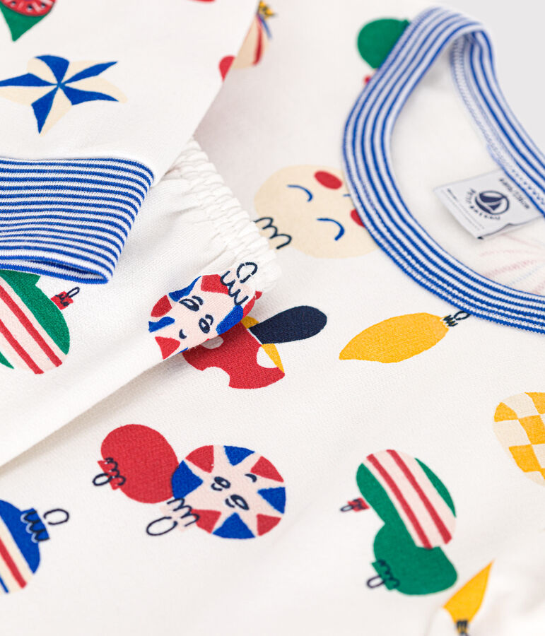 Kinderpyjama van geruwde fleece met kerstballenprint wit MARSHMALLOW/wit MULTICO