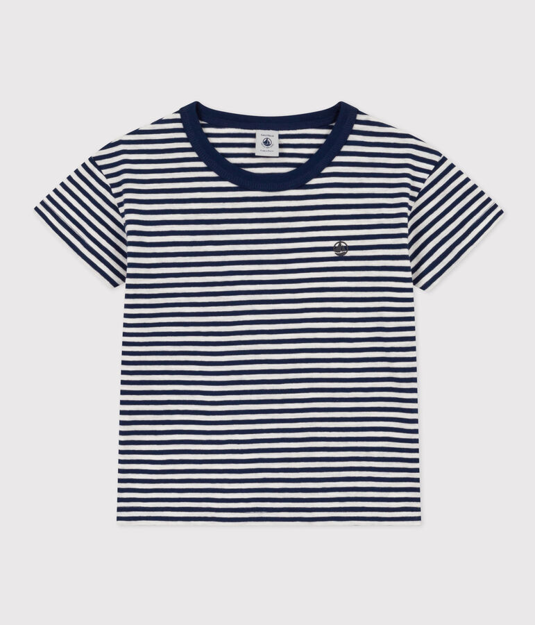 Tee-shirt ray&eacute; en coton enfant gar&ccedil;on bleu/blanc