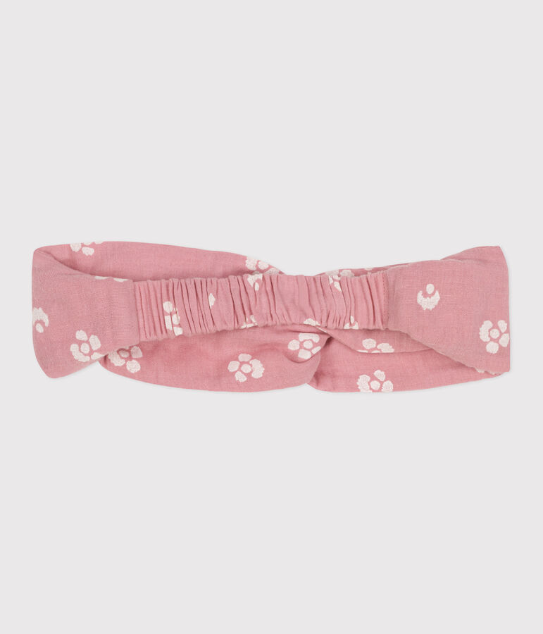 Bandeau enfant en gaze de coton imprim&eacute; fleurs rose CHARME/blanc MARSHMALLOW