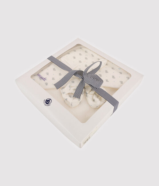 Coffret carré de bain et chaussons bébé en éponge et côte blanc MARSHMALLOW/gris GRIS/ MULTICO