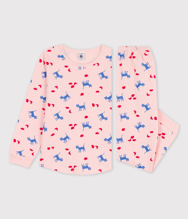 Meisjespyjama met kattenprint in katoen roze MINOIS/wit MULTICO