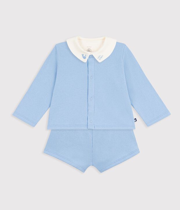 Ensemble 3 pi&egrave;ces b&eacute;b&eacute; en coton avec broderies au col bleu clair