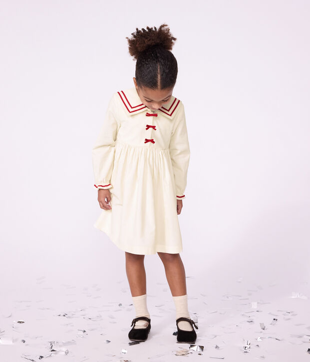 Robe enfant en velours manches longue unie blanc cass&eacute;