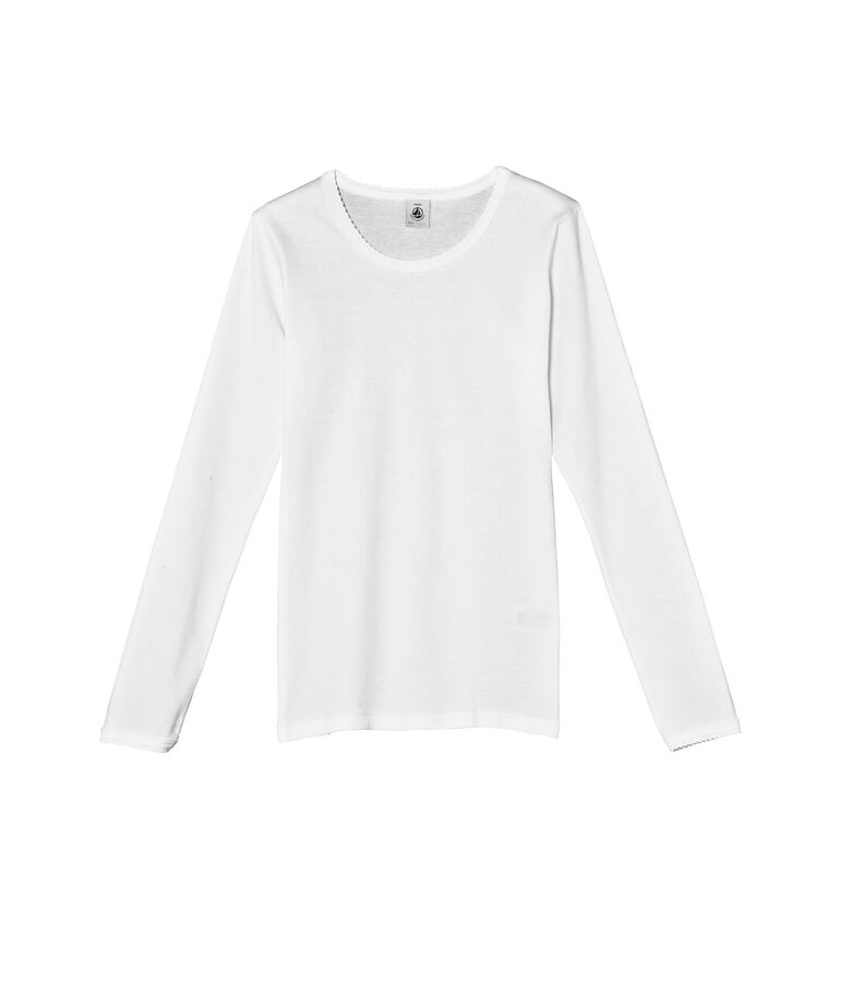 T-shirt fille manches longues uni &agrave; point cocotte blanc ECUME