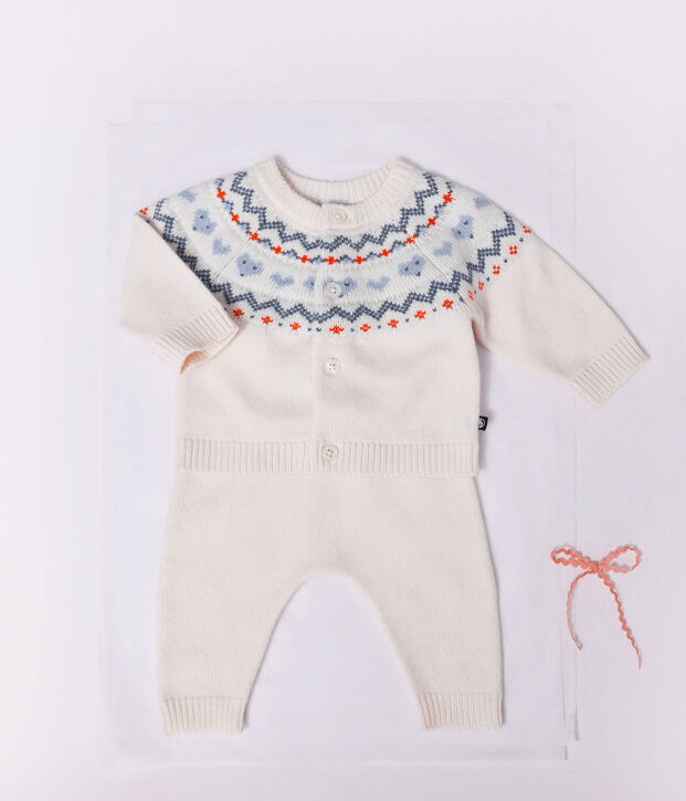 Gebreid babysetje met jacquardmotief. blauw/blauw