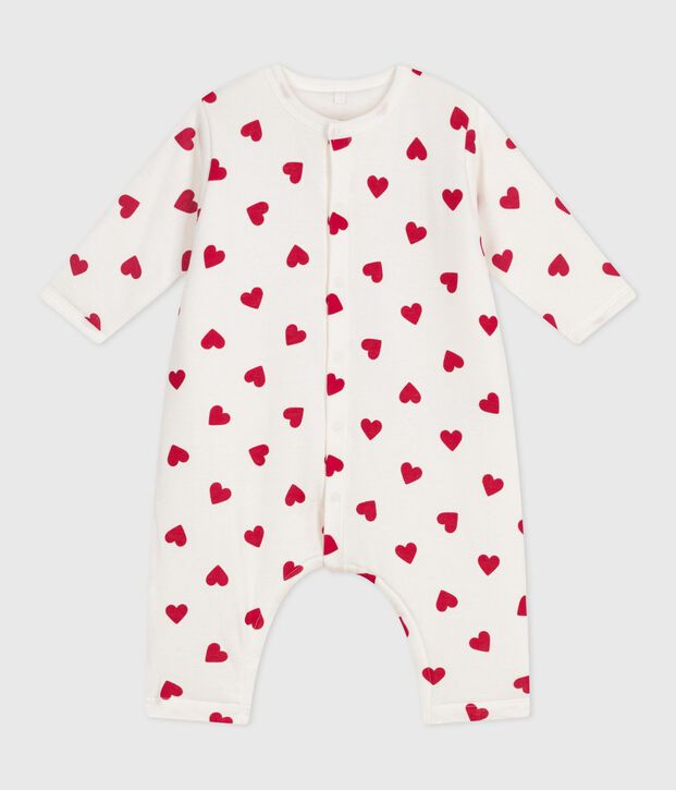 Combinaison ouatin&eacute;e b&eacute;b&eacute; en coton, imprim&eacute; c&oelig;urs blanc/rouge