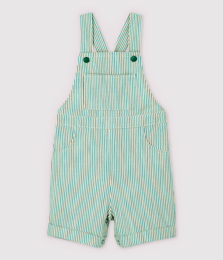 Salopette courte en serge craquante b&eacute;b&eacute; gar&ccedil;on blanc MARSHMALLOW/vert GAZON