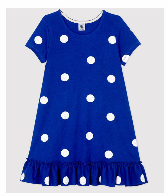 Jurk van katoen en linnen met korte mouwen voor meisjes blauw SURF/wit MARSHMALLOW