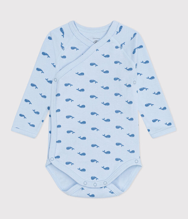 Body crois&eacute;s manches longues en coton b&eacute;b&eacute; bleu/bleu