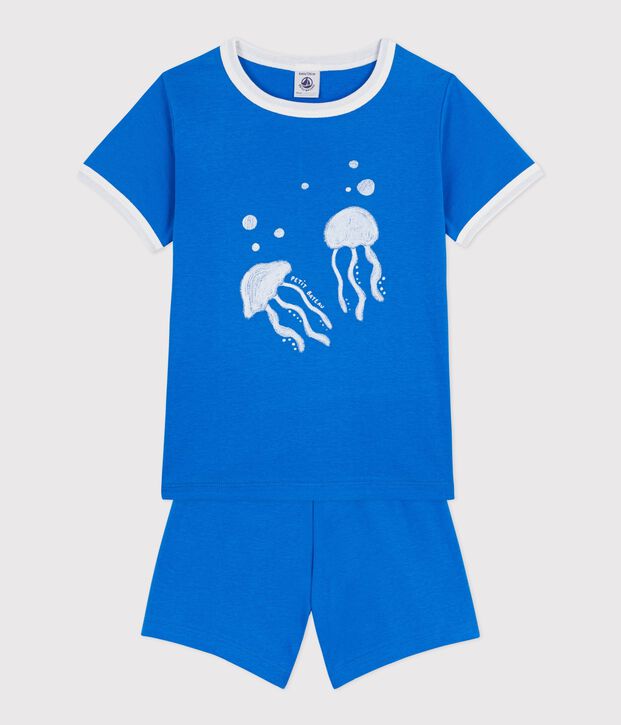 Korte katoenen pyjama met kwalmotiefje vooor kinderen blauw