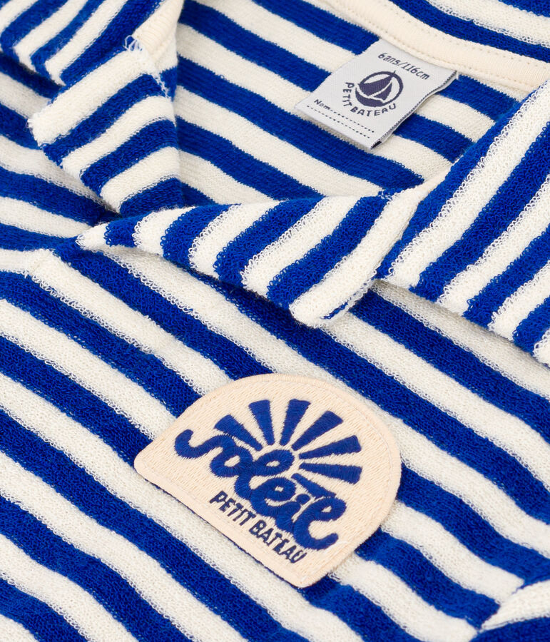 Polo met korte mouwen in boucl&eacute;badstof voor jongens blauw/ecru