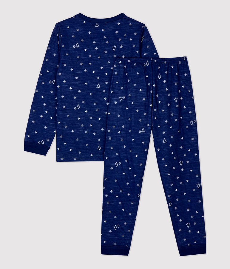 Jacquard meisjes/jongens pyjama met sneeuwvlokken van wol en katoen blauw MEDIEVAL/wit MARSHMALLOW