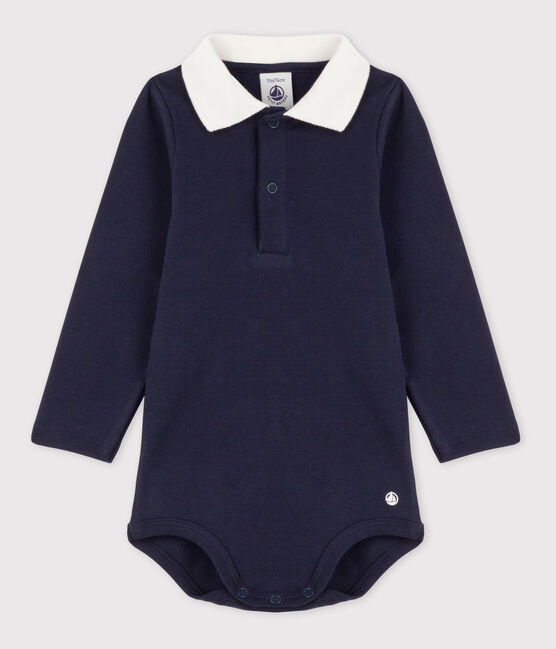 Body manches longues bébé col polo en coton bleu SMOKING