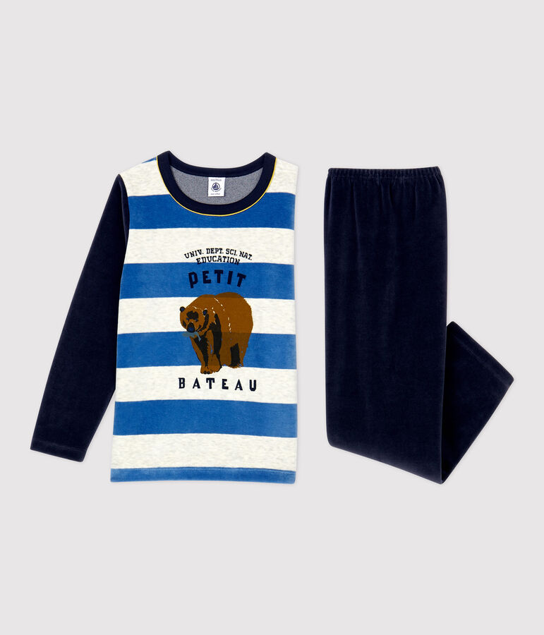 Fluwelen jongenspyjama gestreept blauw SMOKING/wit MULTICO