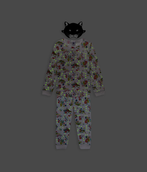 Katoenen meisjespyjama met glow in the dark panterprint wit/multicouleur