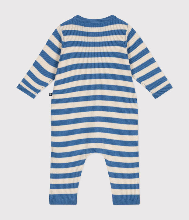 Gestreept babypakje in gebreide tricot en wil blauw/ecru