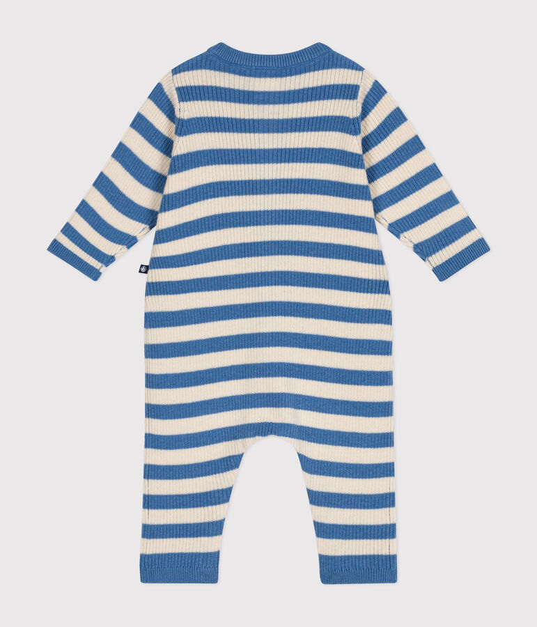Combinaison ray&eacute;e en tricot de laine et coton b&eacute;b&eacute; bleu/&eacute;cru