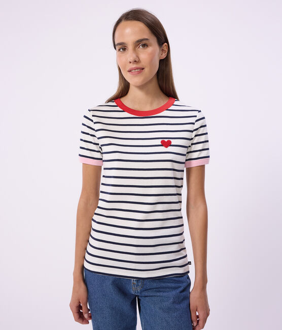 Dames katoenen T-shirt met korte mouwen wit MARSHMALLOW/blauw SMOKING