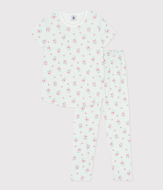 Pyjama enfant en coton manches courtes jambes longues fleuri blanc MARSHMALLOW/blanc MULTICO