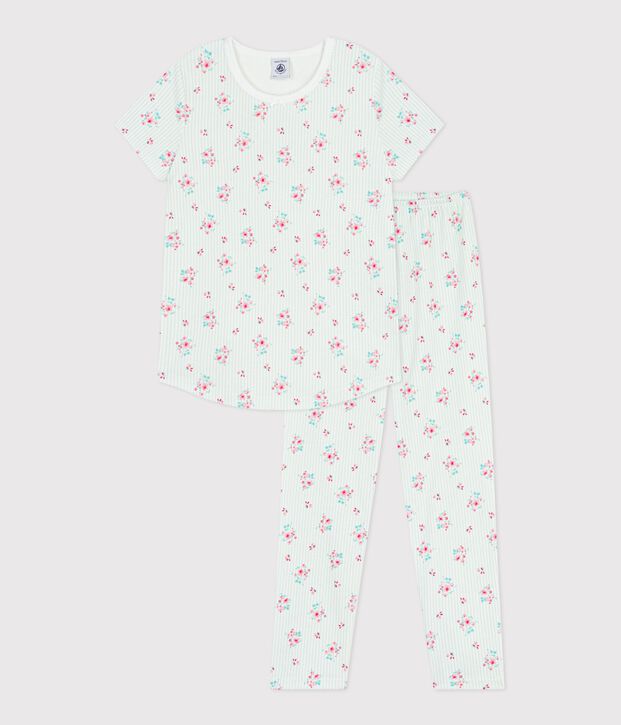 Katoenen kinderpyjama met korte mouwen en lange pijpen met bloemenprint wit/multicouleur