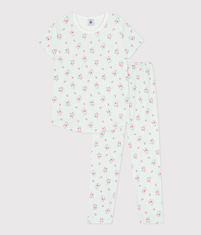 Katoenen kinderpyjama met korte mouwen en lange pijpen met bloemenprint wit/multicouleur