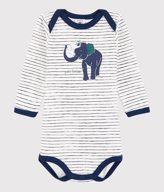 Rompertje met lange mouwen babymeisje - babyjongen wit MARSHMALLOW/blauw MEDIEVAL