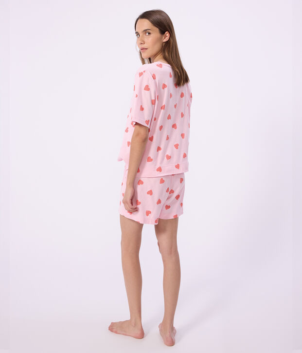 Pyjama short femme en coton imprim&eacute; c&oelig;ur rose/orange
