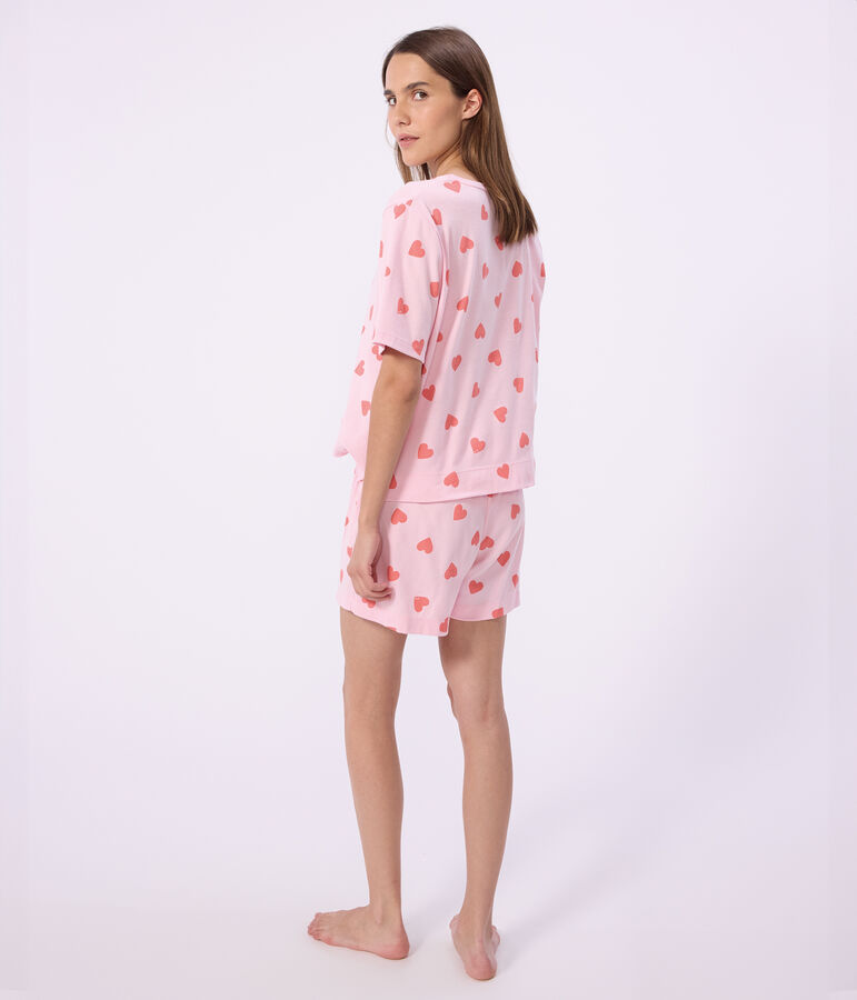 Pyjama short femme en coton imprim&eacute; c&oelig;ur rose/orange